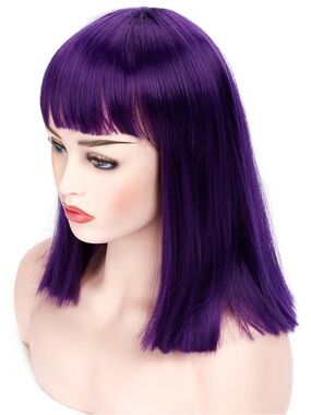Short Straight Purple Wig with Blunt Bangs for Women — Synthetic